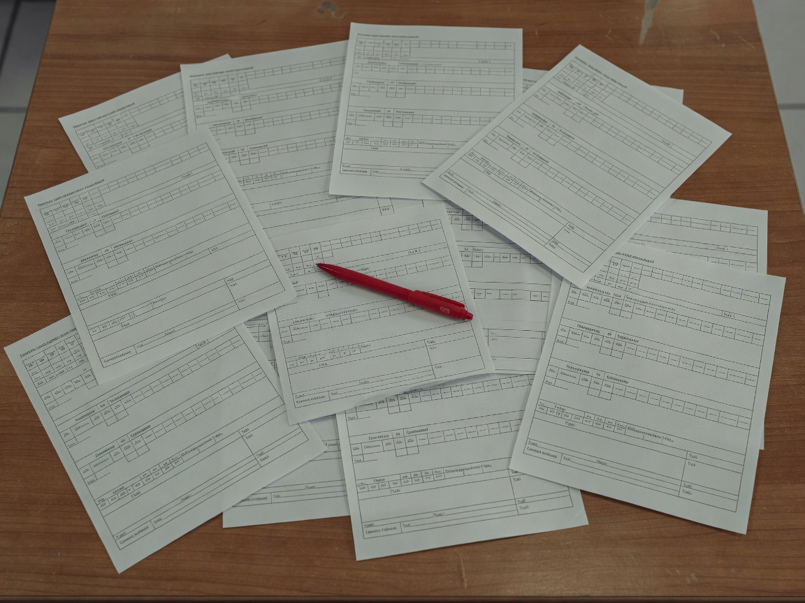 Desaturated overhead photograph of printed evaluation scorecards spread across a desk with a red pen