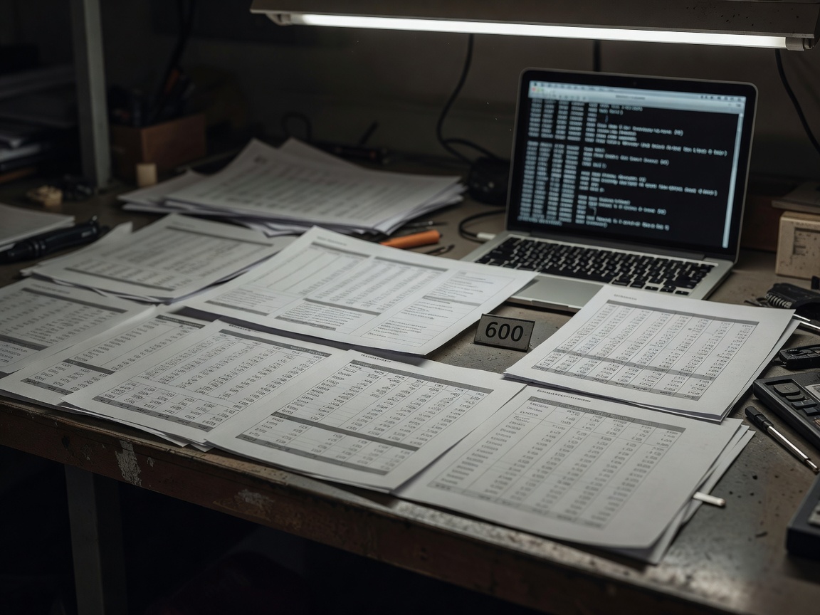 Desaturated photograph of a workbench covered in printed benchmark tables and a laptop terminal