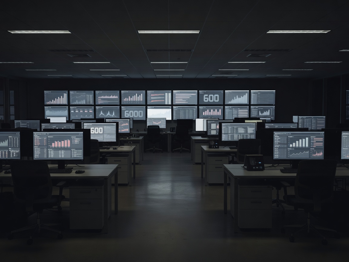 Desaturated photograph of an empty support operations floor at night with monitors showing queue dashboards