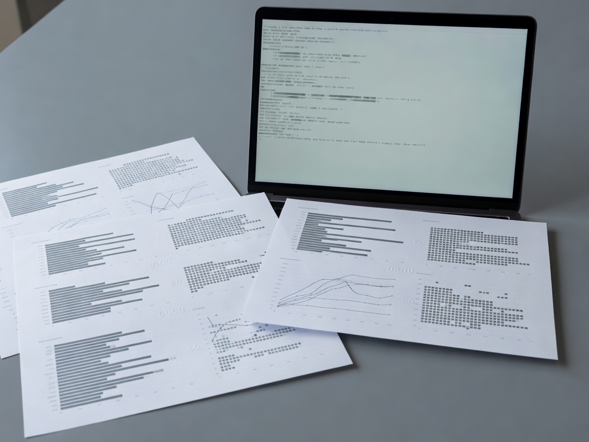 Desaturated wide photograph of a terminal window running batched model evaluations beside printed score sheets