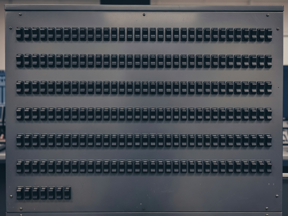 Low-saturation image of a control panel with rows of switches representing workflow steps