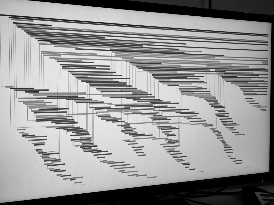 Monochrome photograph of a monitor displaying dense observability trace waterfalls