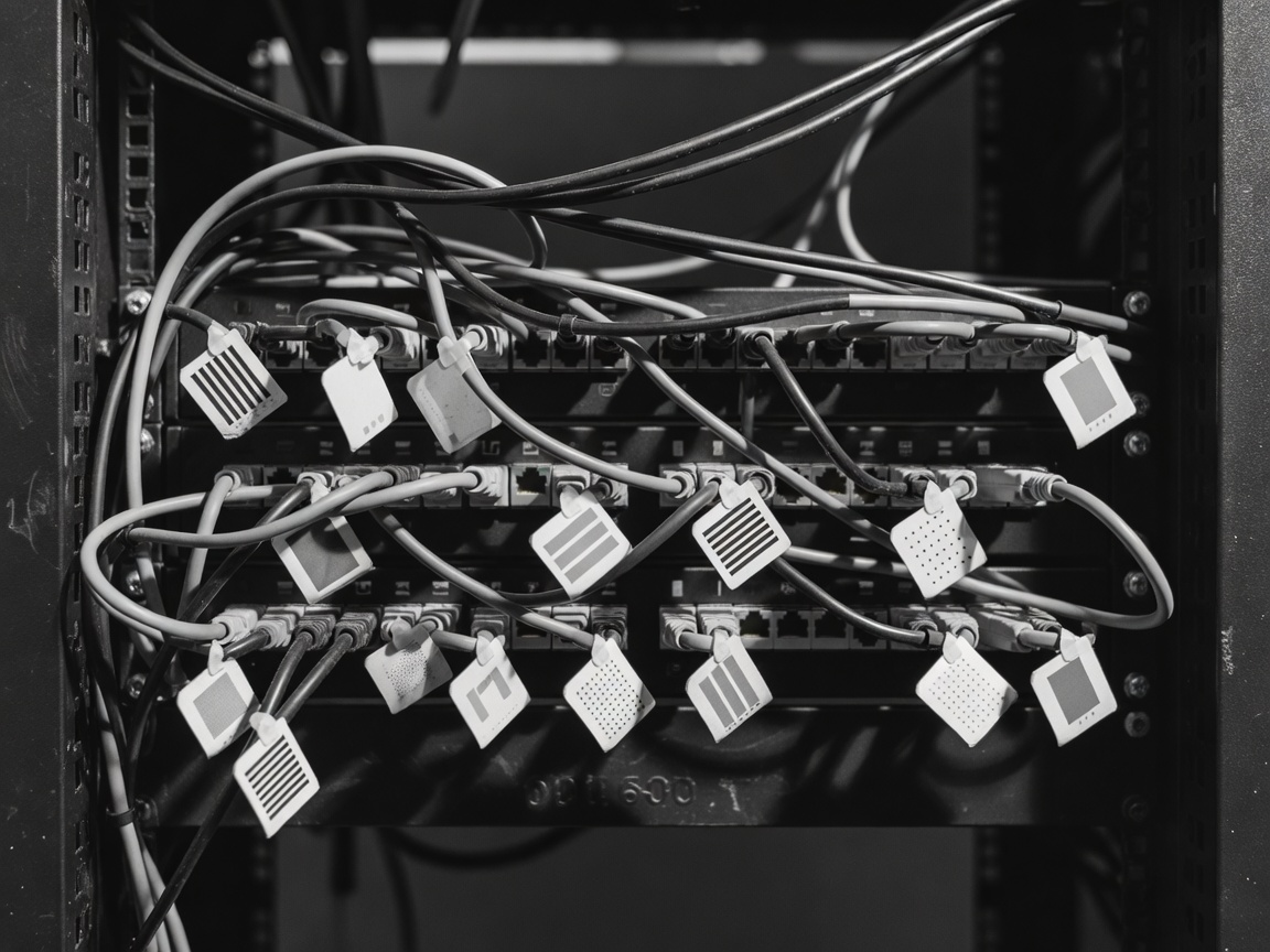 Monochrome photograph of a patch panel with labelled cables representing workflow integrations