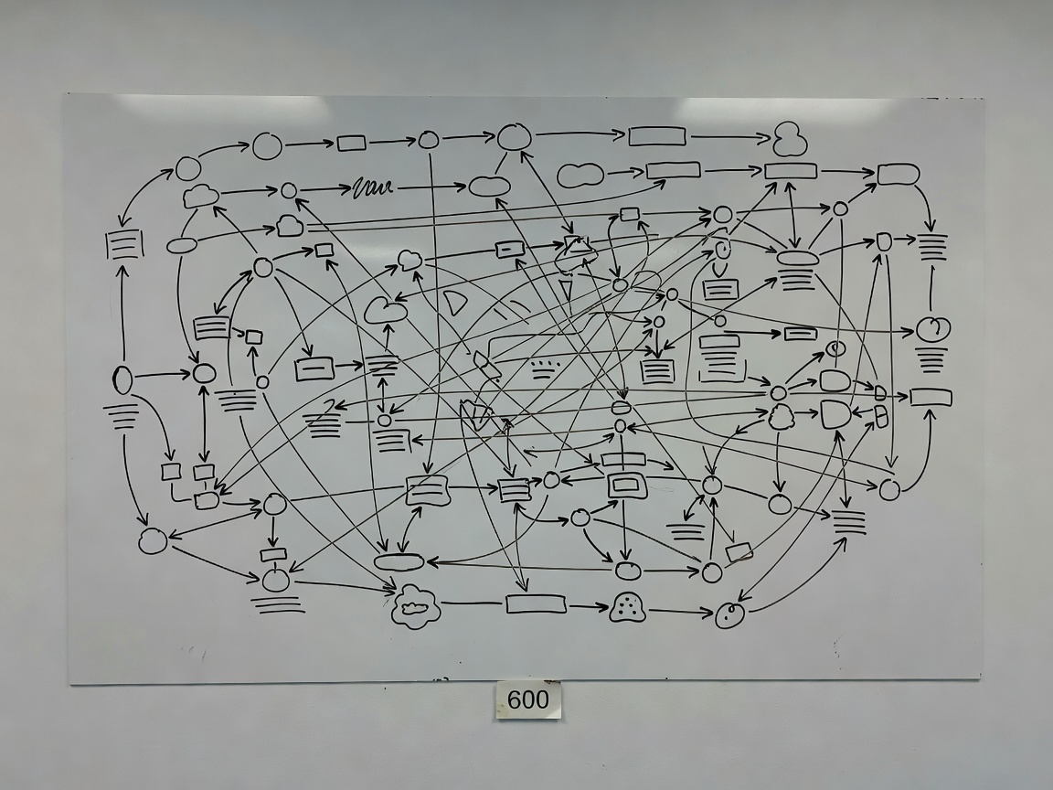 Muted grey photograph of a whiteboard covered in a hand-drawn agent orchestration diagram