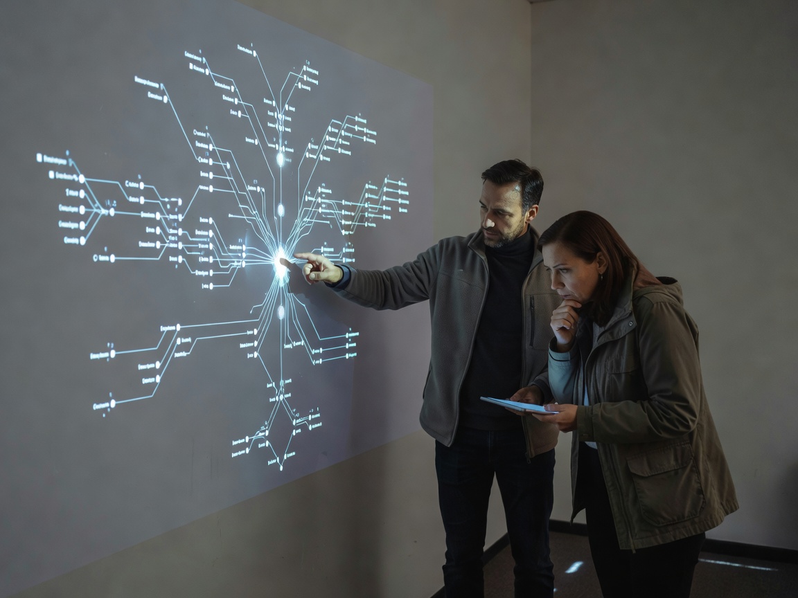 Muted photograph of two engineers debugging an agent run trace projected on a wall